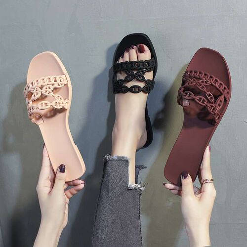 New Summer Slippers Womens Outer Wear Thick-heeled Beach Fa