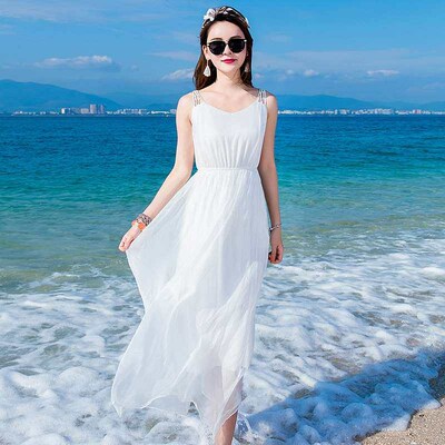 Bohemian Seaside Holiday Silk Dress Summer Pure White Sling