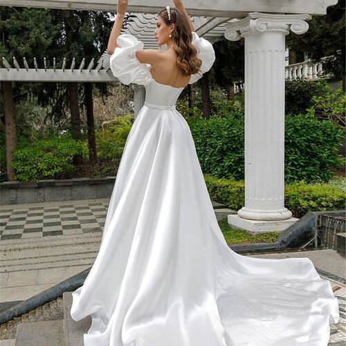 Removable Puff Sleeve Satin Wedding Dress High Slit Side A-l