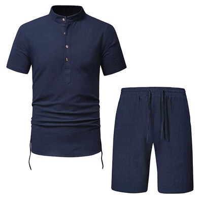 Summer Mens Cotton and Linen Suit Henry Collar Shirt Shorts