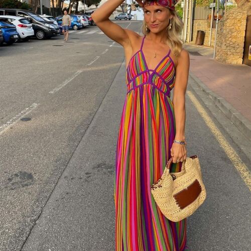 Vintage Striped Printed Backless Maxi Dress Women V Neck Sle