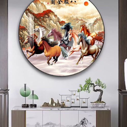 马到成功客厅装饰画八骏全图进门过道玄关走廊挂画办公室圆形壁画