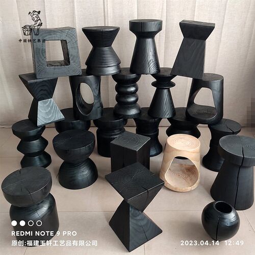 侘寂风原木墩碳化黑色实木凳子坐凳木头树桩摆件创意木桩异形圆凳