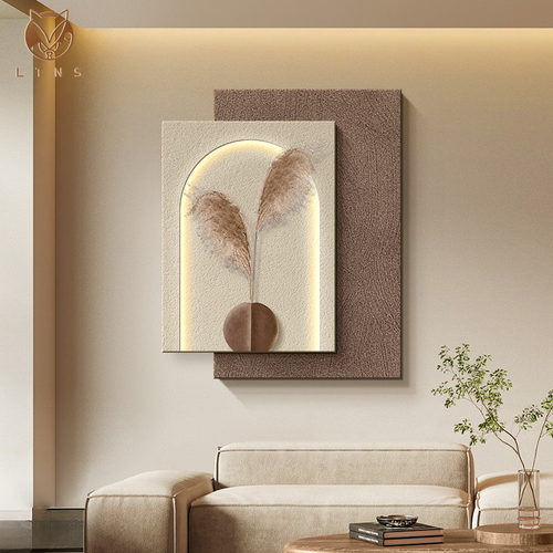 侘寂风客厅装饰画高级感立体砂岩沙发背景墙挂画玄关绿植发光灯画