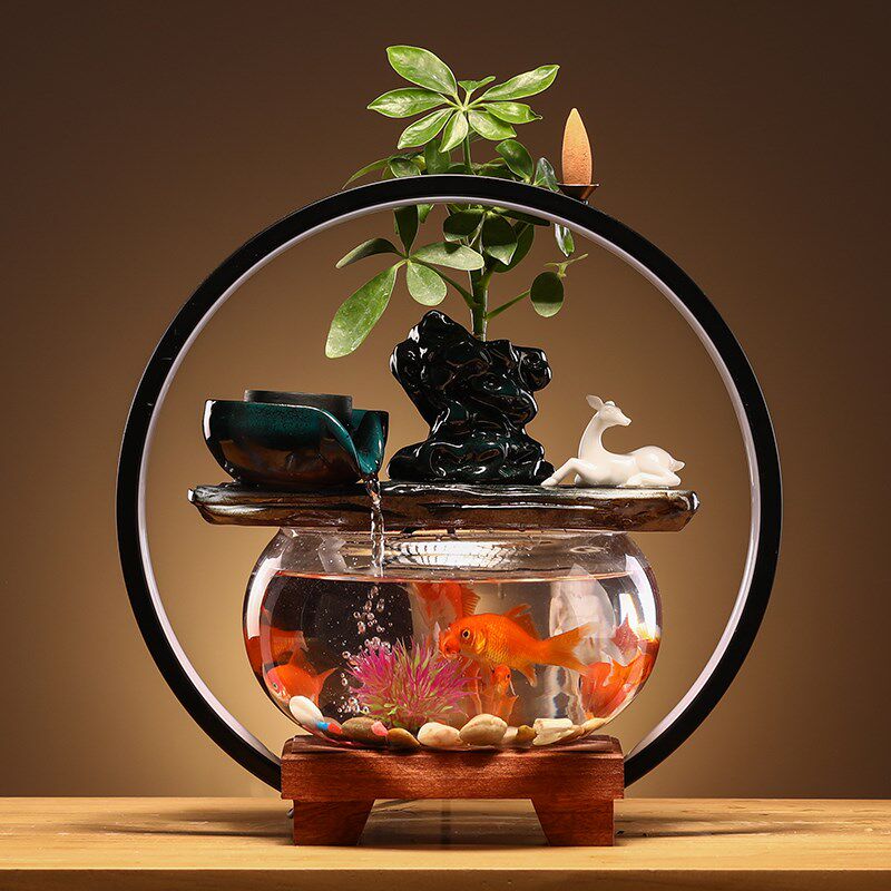 陶瓷创意循环流水摆件客厅玻璃金鱼缸桌面家用招财迷你办公室水景