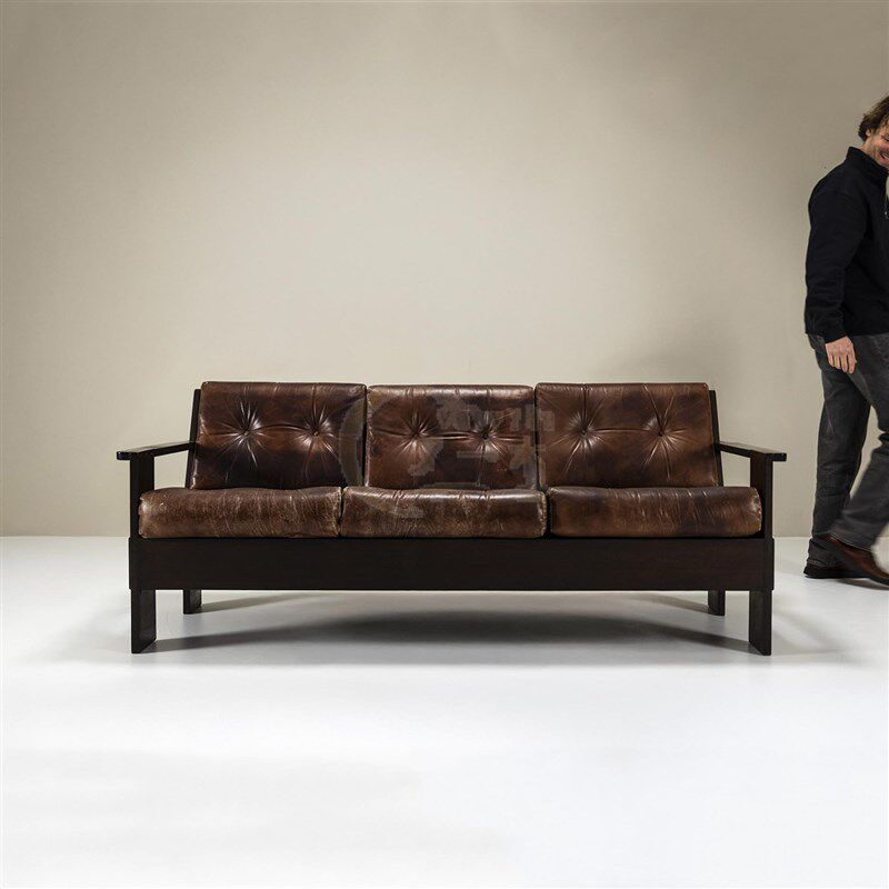 中古风设计师款创意休闲民宿酒店双三人位沙发实木皮艺单人沙发椅