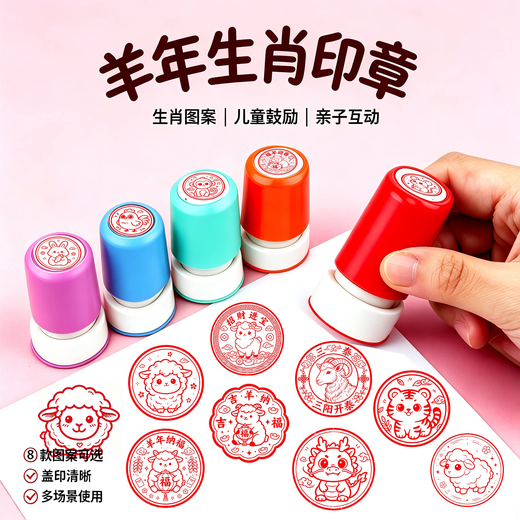 新款生肖羊年卡通可爱印章手账彩色动物十二生肖小印章幼儿园老师奖励鼓励宝宝趣味盖章牛马老鼠兔子龙猪蛇狗