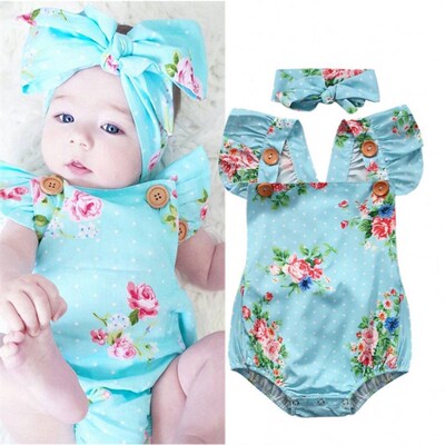 Newborn Baby Girls Floral One-pieces Romper Sunsuit Headband