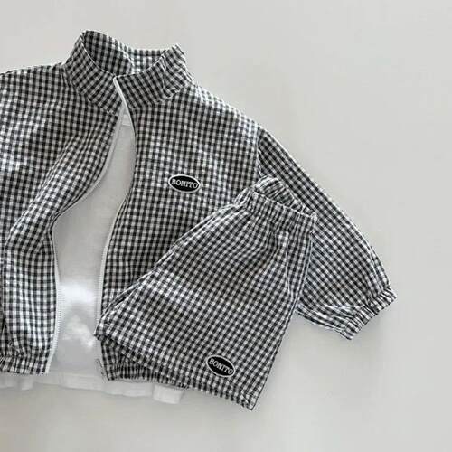 Boys Summer Suits 2024 New Korean Kids Plaid Long-sleeve Zip