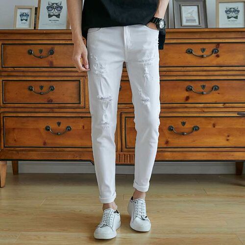 Four Seasons Mens Stetch Skinny Jeans White Ripped Slim Pen