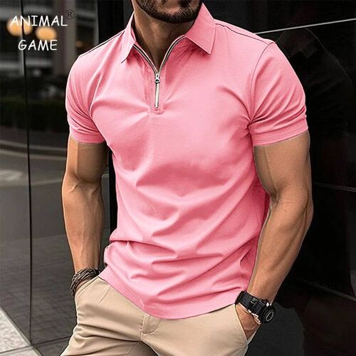 Mens Solid Color  Shirt Short Sleeve Zipper Collar Tshirts