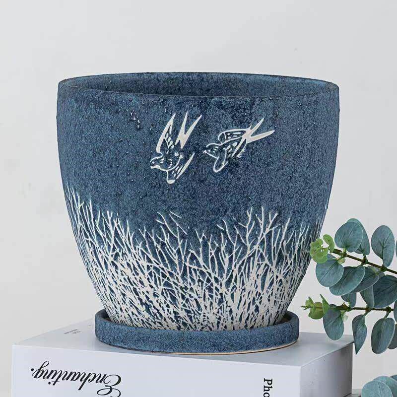 flowerpot ceramic simple large indoor plant pot with tray - 实物图