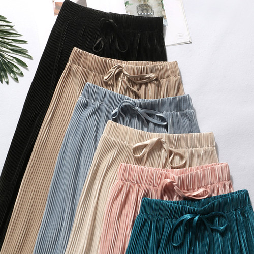 2022 Womens Pleated Loose Ice Silk Korean Casual Cropped Pa