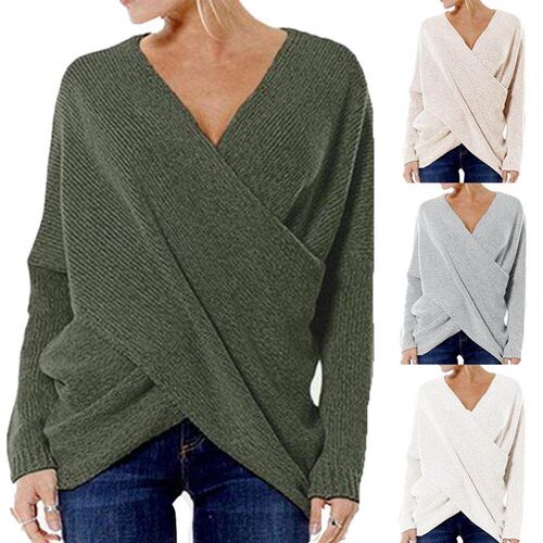 V Neck Cross Front Irregular Hem Sweater Solid Color