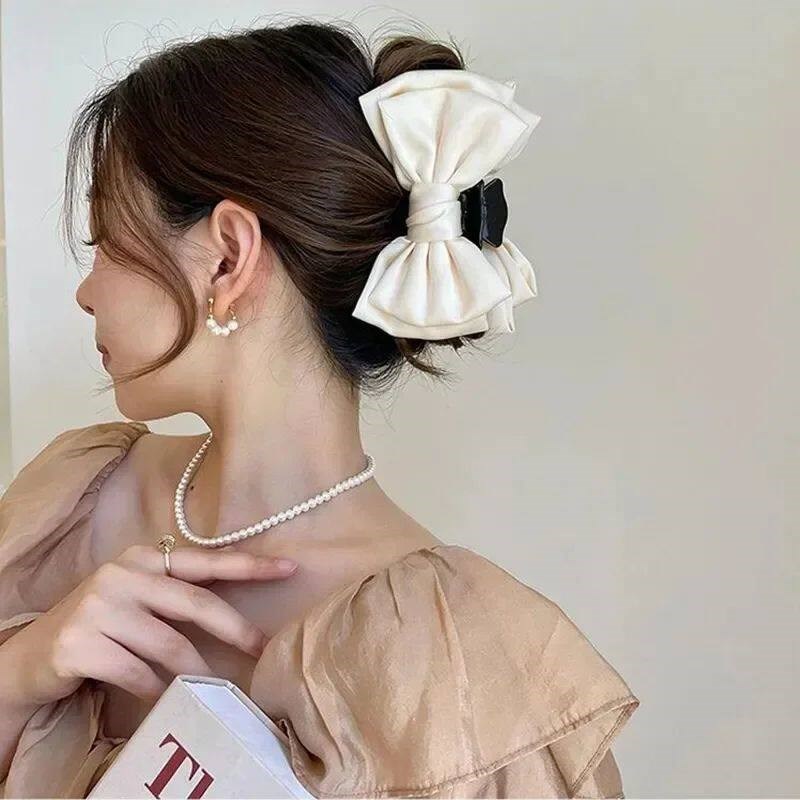 Elegant Women Bow Hair Claw Clips Double-sided Large Satin S - 实物图