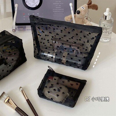 1pc Love Print Mesh Cosmetic Bag Portable Toiletry Organizer