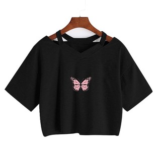 Summer Women Gothic Sexy T-Shirts Butterfly Crop Top Girls S