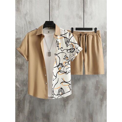 2024 Summer Mens Short-sleeved Shirt Beach Shorts Set Outdo