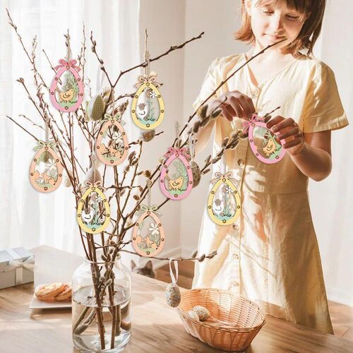 3Pcs Easter Wooden Eggs Hanging Ornament Cute Bunny Carrot P
