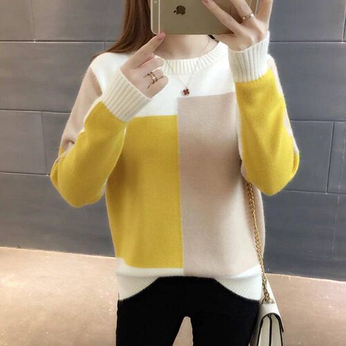 Women Color Block Pullover Sweater Autumn Winter New Fashion