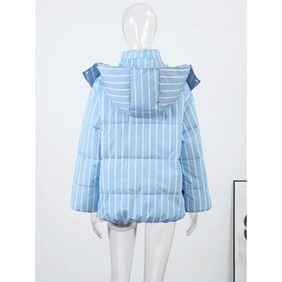 Casual Striped Loose Coat Women Full Sleeve Zippers Stand Co