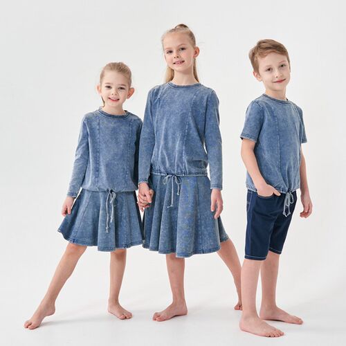 kids boys girls loose top skirt spring summer acid washed fa