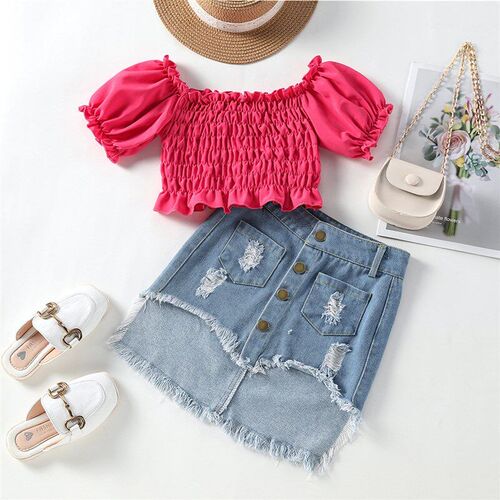 New 2025 Girls Ruffle One Shoulder Tops Irregular Hole Denim