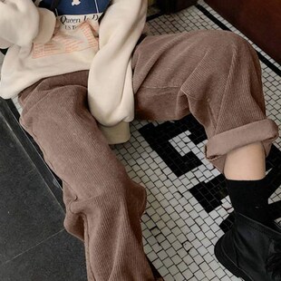 2021 New Corduroy Womens Pants Straight Casual High Waist