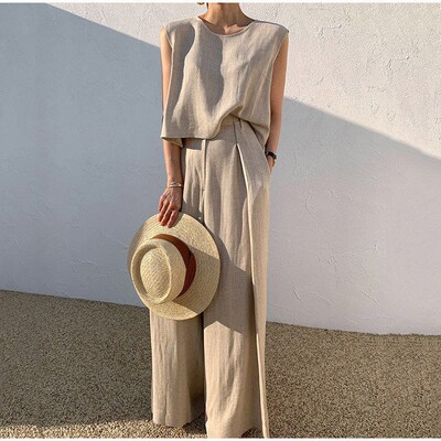 Women Cotton Linen Suits Vintage O-Neck Sleeveless Tank Top