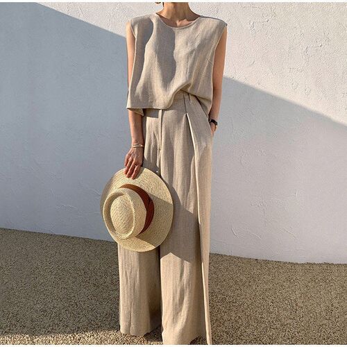Women Cotton Linen Suits Vintage O-Neck Sleeveless Tank Top
