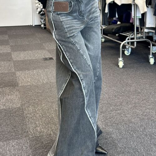 Womens Vintage Washed Color Block Jeans Oversized Sreet Loo