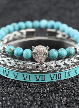 Natural Turquoise Stone Beads Crown Leopard Head Beaded Man