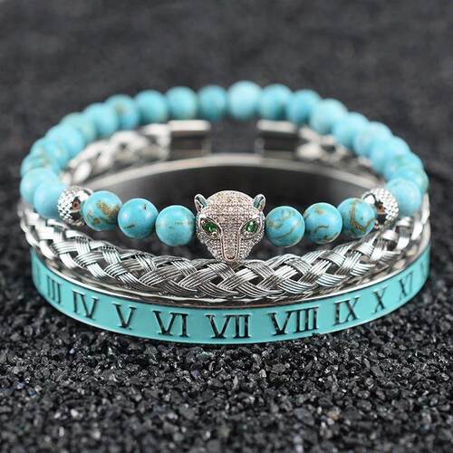 Natural Turquoise Stone Beads Crown Leopard Head Beaded Man