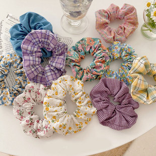 Women Floral Plaid Hair Scrunchies Vintage Wild Hair Ring El