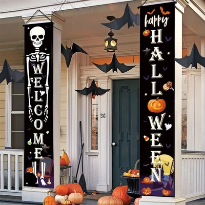 2pcs Halloween Decorations Porch Banners Welcome Sign for Ho