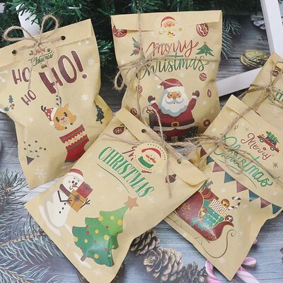 24Set Christmas Gift Bag Kraft Paper Bags Santa Claus Snowma