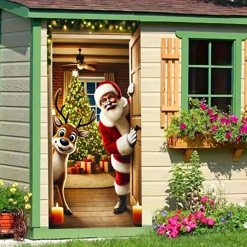 Winter Santa Claus Christmas Deer Door Cover Decoration Hang
