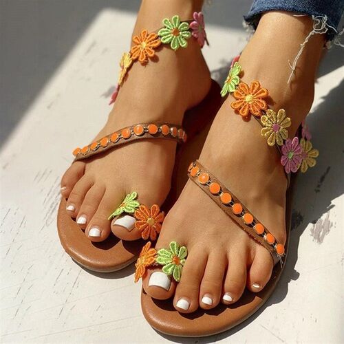 Sandals womens toe Bohemian flat bottom Flower Toe water dr