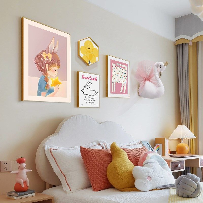 儿童房间装饰画卧室床头背景墙现代挂画粉色男孩创意布置女儿壁画,家居饰品,现代装饰画,淘宝优惠券,粉丝福利购,淘宝优惠卷