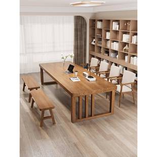 胡桃色中古风客厅实木大长书桌去客厅化一体桌大板桌书房原木美式