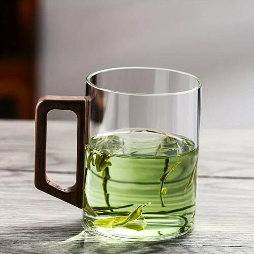 1/2pcs 400ml Glass Cups with Walnut Handle Household Heat-re