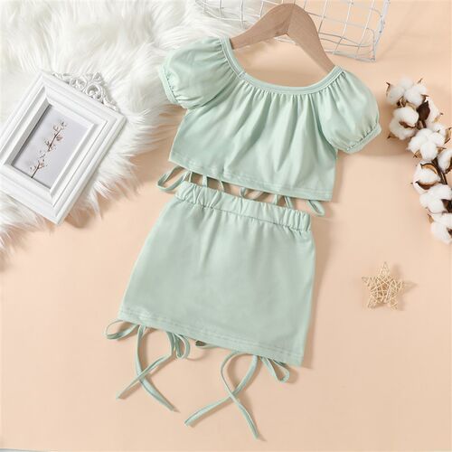 Little Baby Girl Two-Piece Outfits Solid Tie-Up Straps Pleat