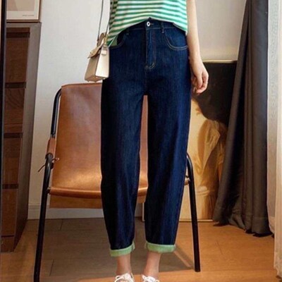 Korean Style Green Jeans Womens New Loose Design Contrastin