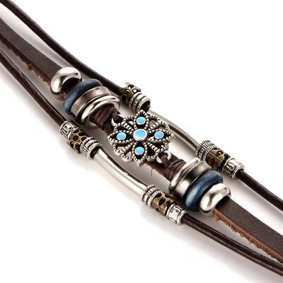 Vintage flower Turquoise mens Leather Bracelet绿松石皮