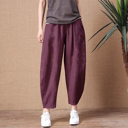 ShiMai Womens Cotton Linen Pants Elastic Waist Vintage Trou