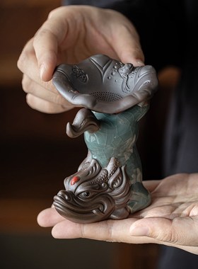 创意鲤鱼哥窑一体式茶漏过滤紫砂茶具配件锦鲤开片可养茶宠摆件