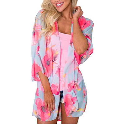 Women Floral Leopard Print Half Sleeve Shawl Chiffon Kimono