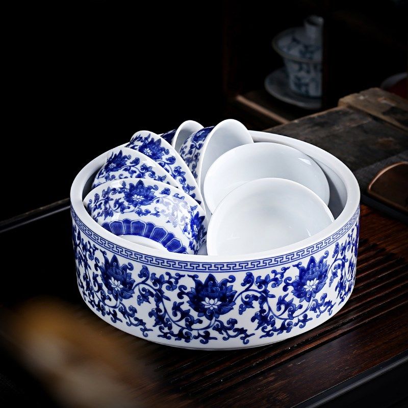 青花瓷小号茶洗陶瓷家用客厅杯洗缸茶道零配水盂茶具陶瓷配件器皿