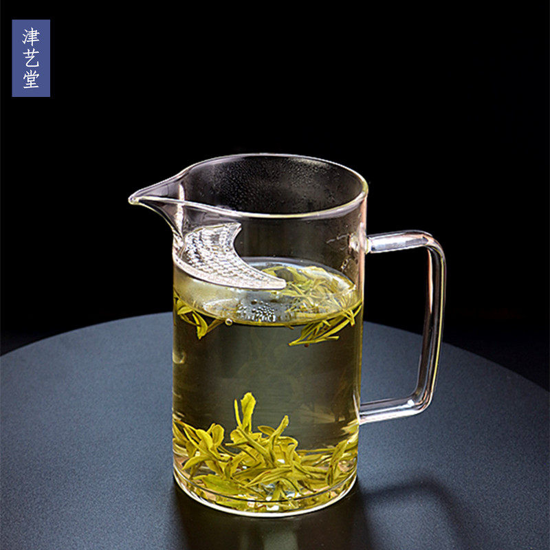 大号月牙杯实木底玻璃滤绿茶杯耐热茶海杯漏一体公道杯加厚分茶器