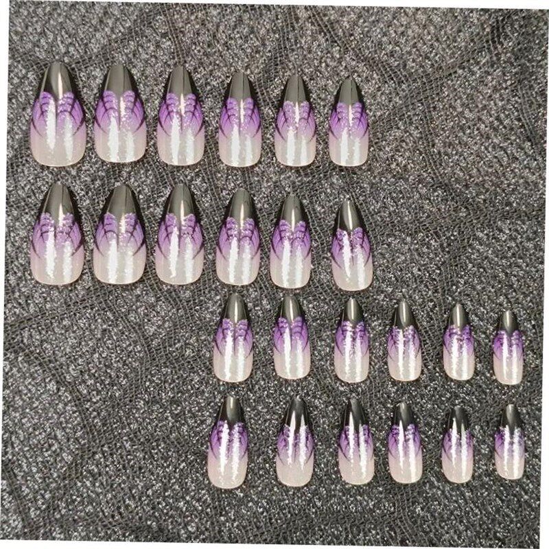 24pcs Halloween Spider Web Purple Almonds Fake Nails Press o - 实物图
